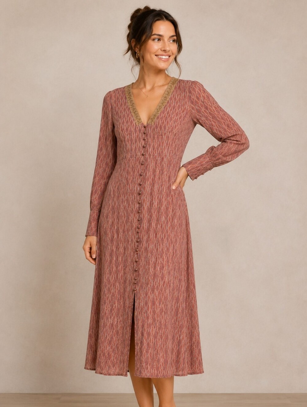 NKN Nekane Viscose Long Button-Front Boho Dress in Dusty Rose Medium